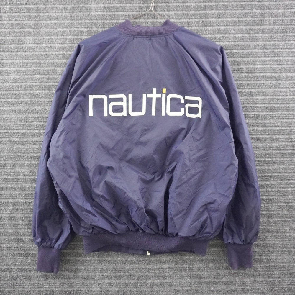 Vintage 90s Nautica Windbreaker Jacket Mens One Size Navy Blue Big Logo Back